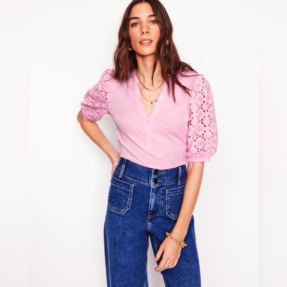 NWT Boden Eden Puff Sleeve Henley Top, Soft Pink, 14 - Picture 1 of 13